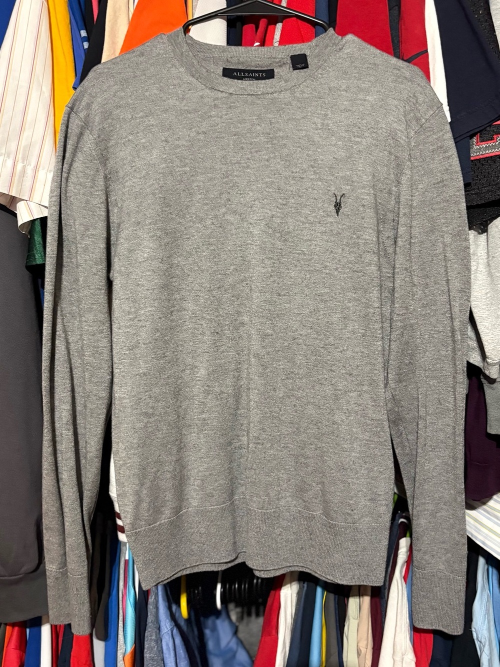 AllSaints modern ramskull chest logo merino-knit sweater medium NWOT